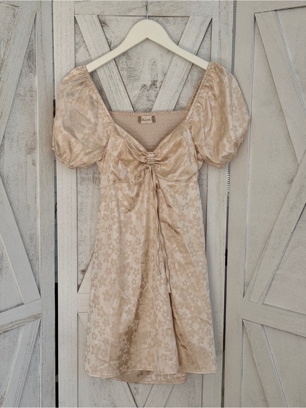 Altar'd State Champagne Floral Puff-Sleeve Tie-Front Dress